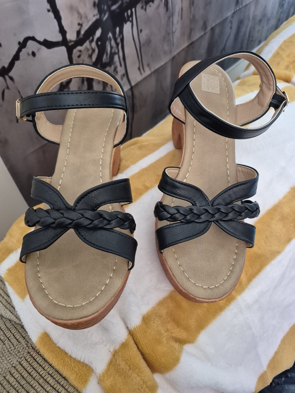Braided Black Wedge Sandals with Ankle Strap
